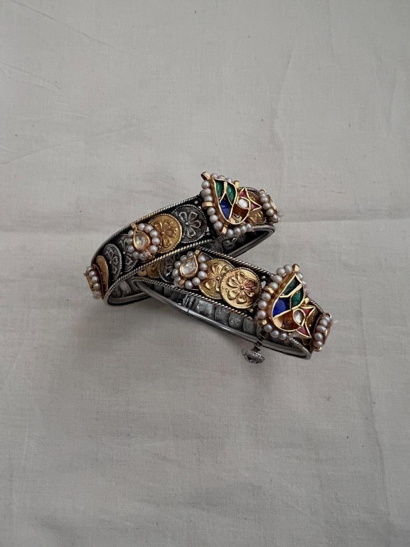 Two tone kundan motif bangles, PAIR-Silver Bracelet-CI-House of Taamara