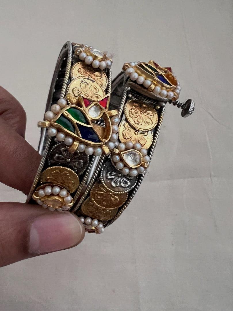 Two tone kundan motif bangles, PAIR-Silver Bracelet-CI-House of Taamara