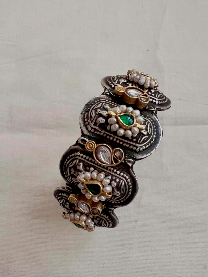 Two tone kundan motif kada-Silver Bracelet-CI-House of Taamara