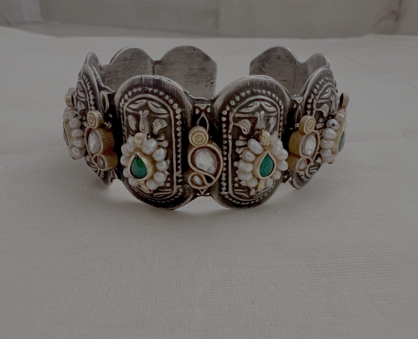 Two tone kundan motif kada-Silver Bracelet-CI-House of Taamara