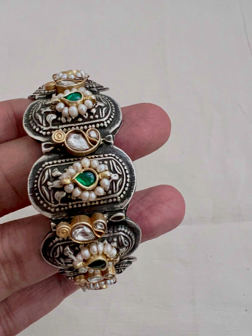 Two tone kundan motif kada-Silver Bracelet-CI-House of Taamara