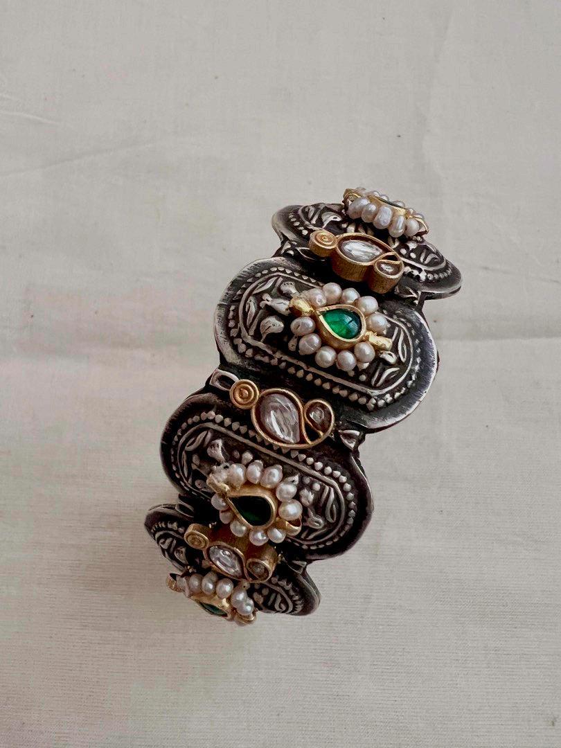 Two tone kundan motif kada-Silver Bracelet-CI-House of Taamara