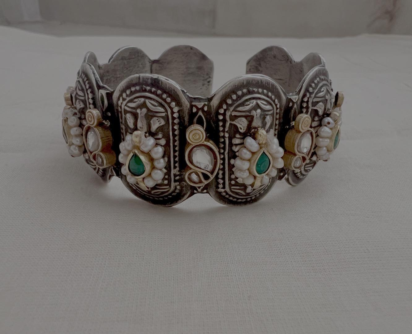 Two tone kundan motif kada-Silver Bracelet-CI-House of Taamara