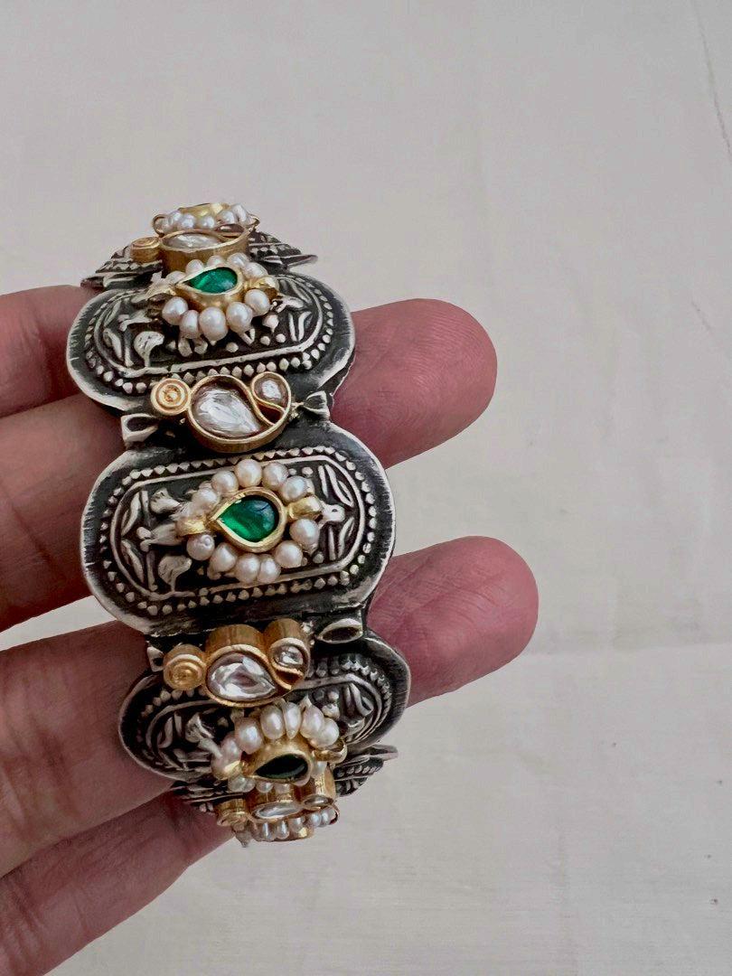 Two tone kundan motif kada-Silver Bracelet-CI-House of Taamara