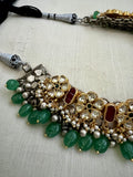 Two tone kundan, ruby & emerald necklace with pearls and jade beads-Silver Neckpiece-CI-House of Taamara