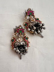 Two tone kundan, ruby & emerald peacock jhumkas with pearls-Earrings-CI-House of Taamara