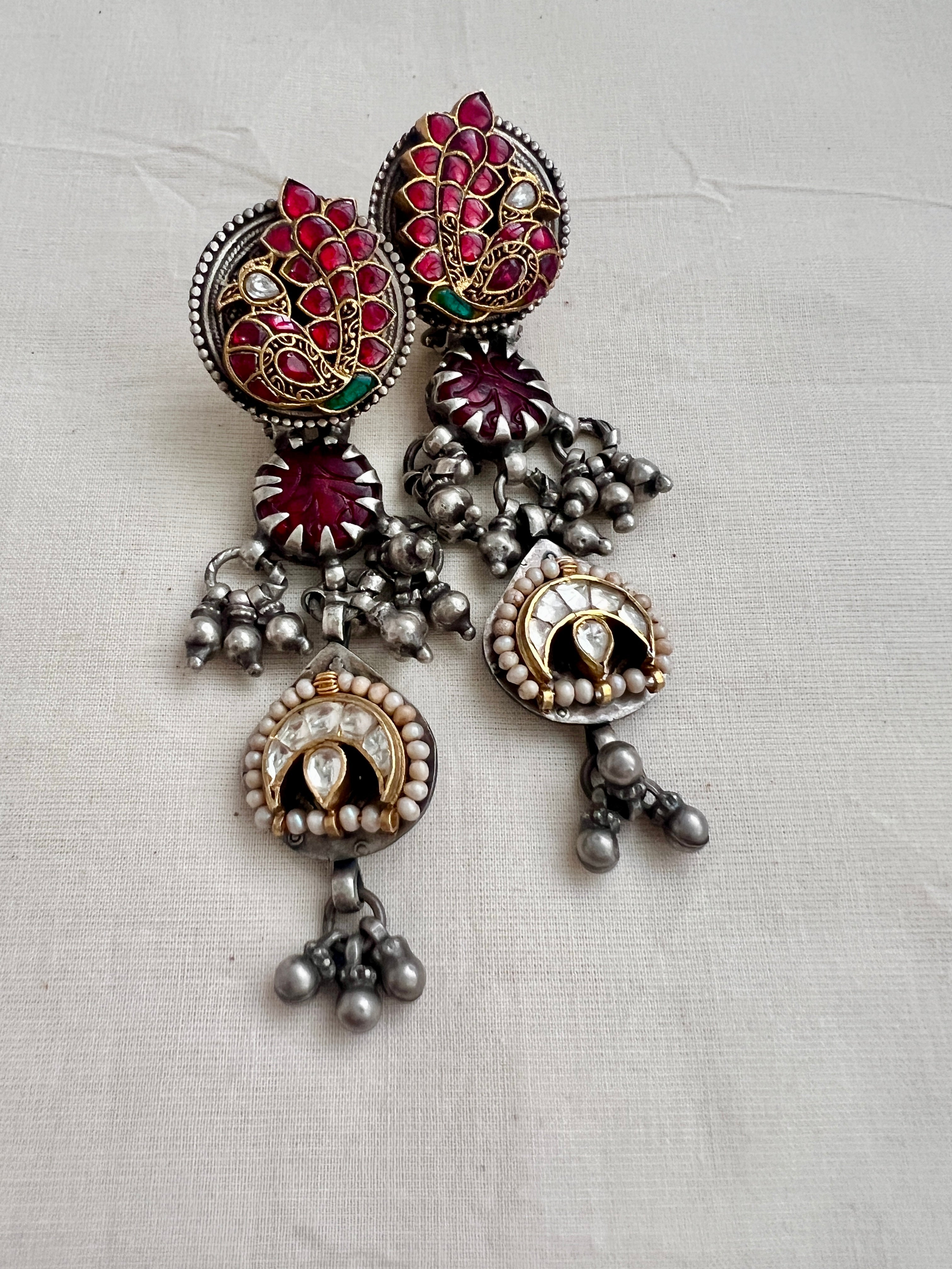 Two tone kundan & ruby peacock hangings with pearls-Earrings-CI-House of Taamara