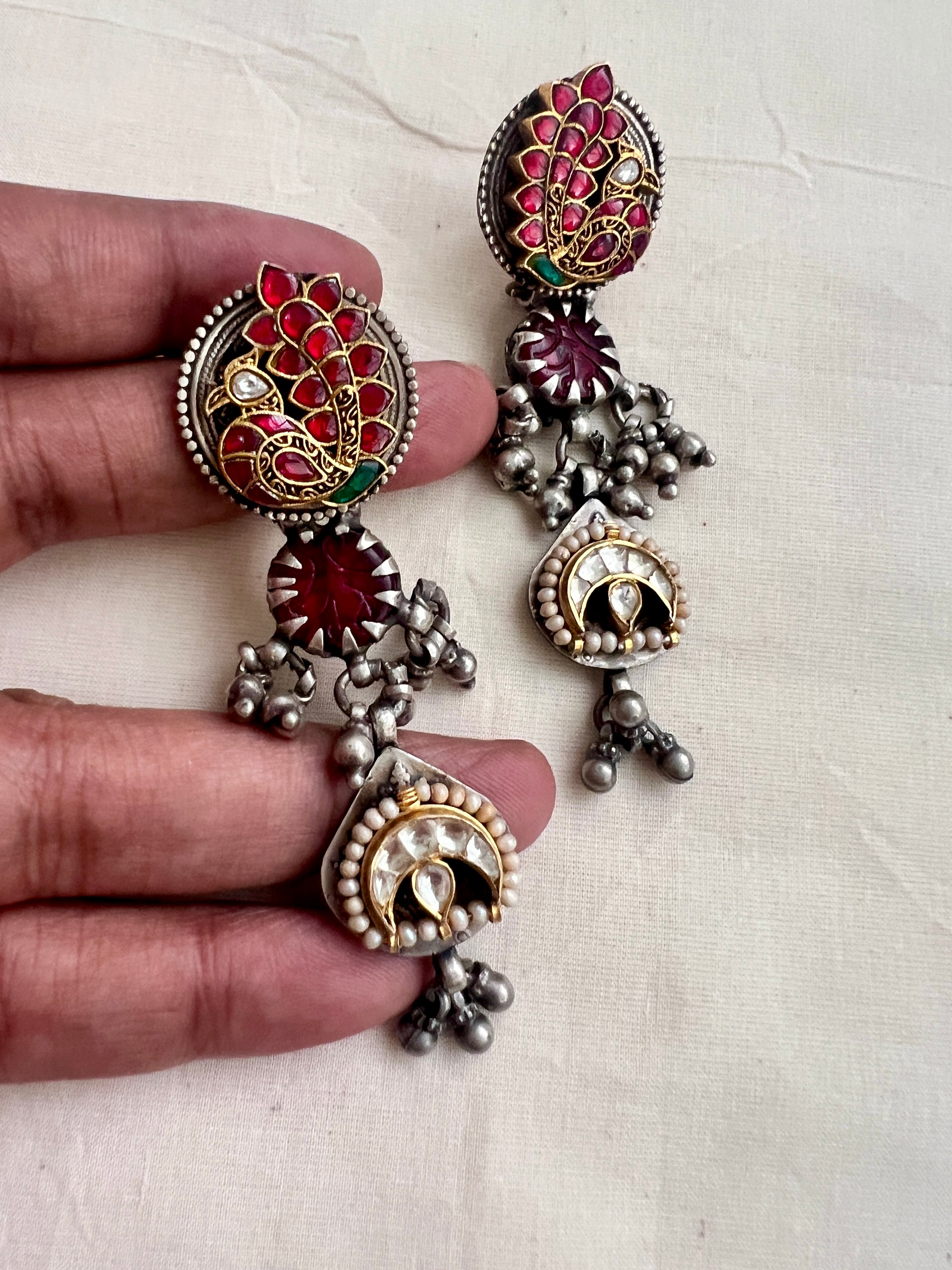 Two tone kundan & ruby peacock hangings with pearls-Earrings-CI-House of Taamara