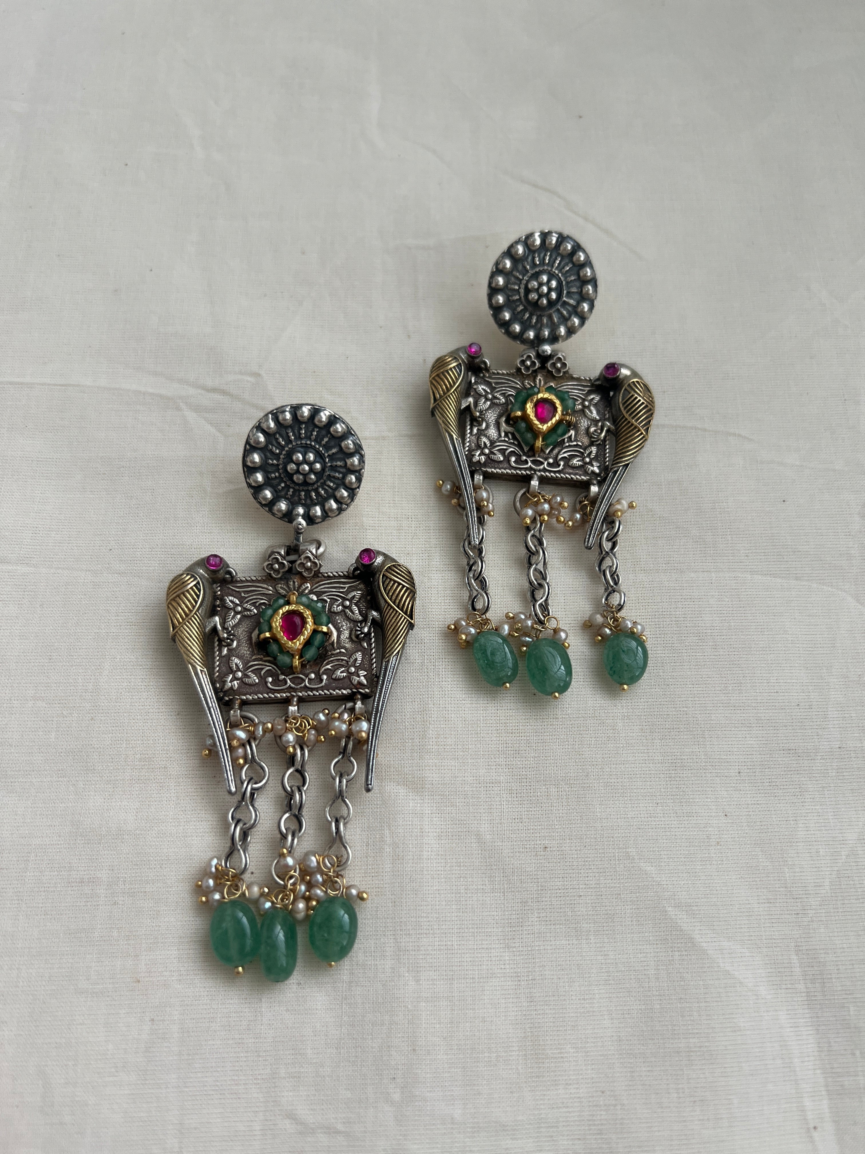 Two tone kundan & ruby peacock hangings with pearls & jade beads-Earrings-CI-House of Taamara