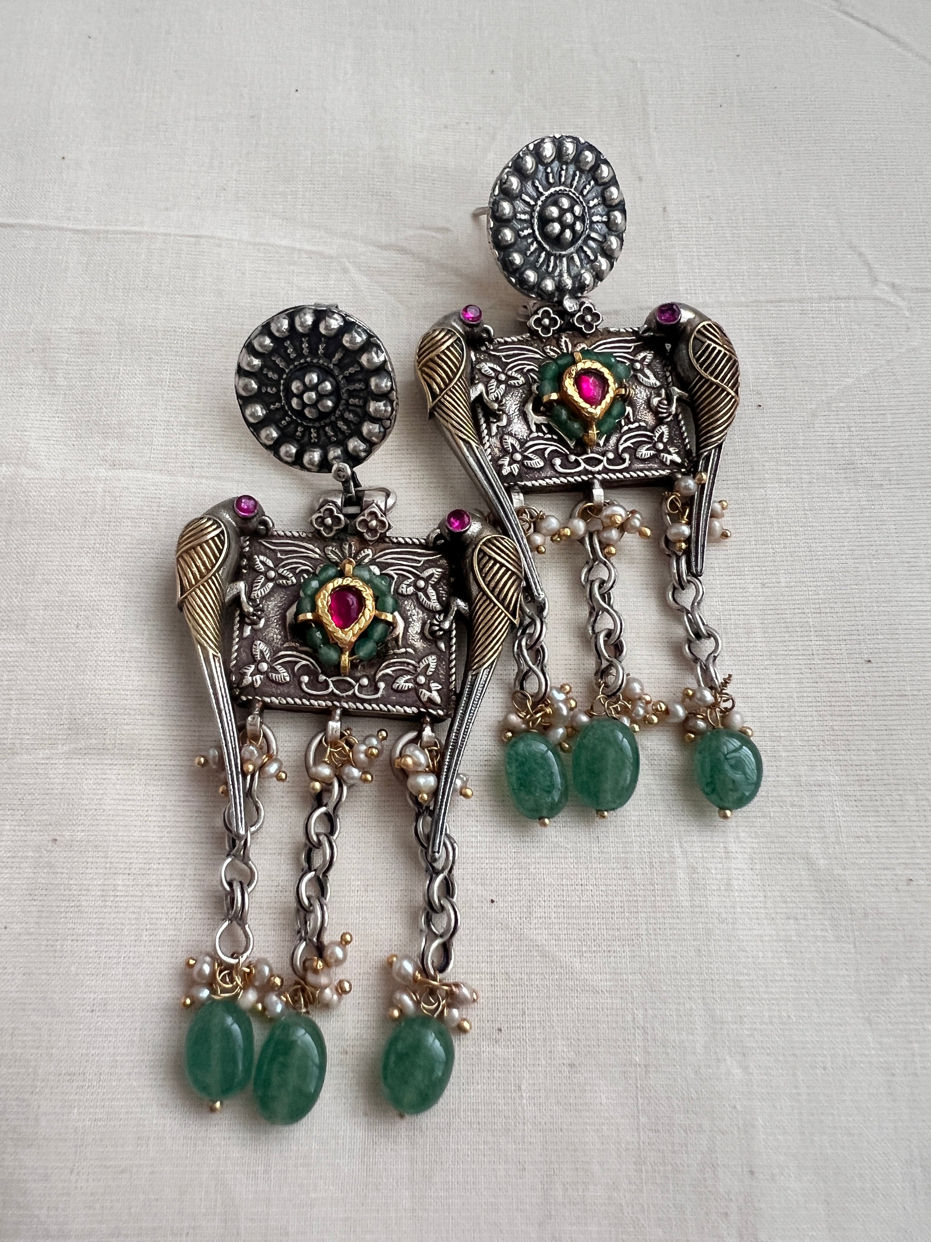 Two tone kundan & ruby peacock hangings with pearls & jade beads-Earrings-CI-House of Taamara