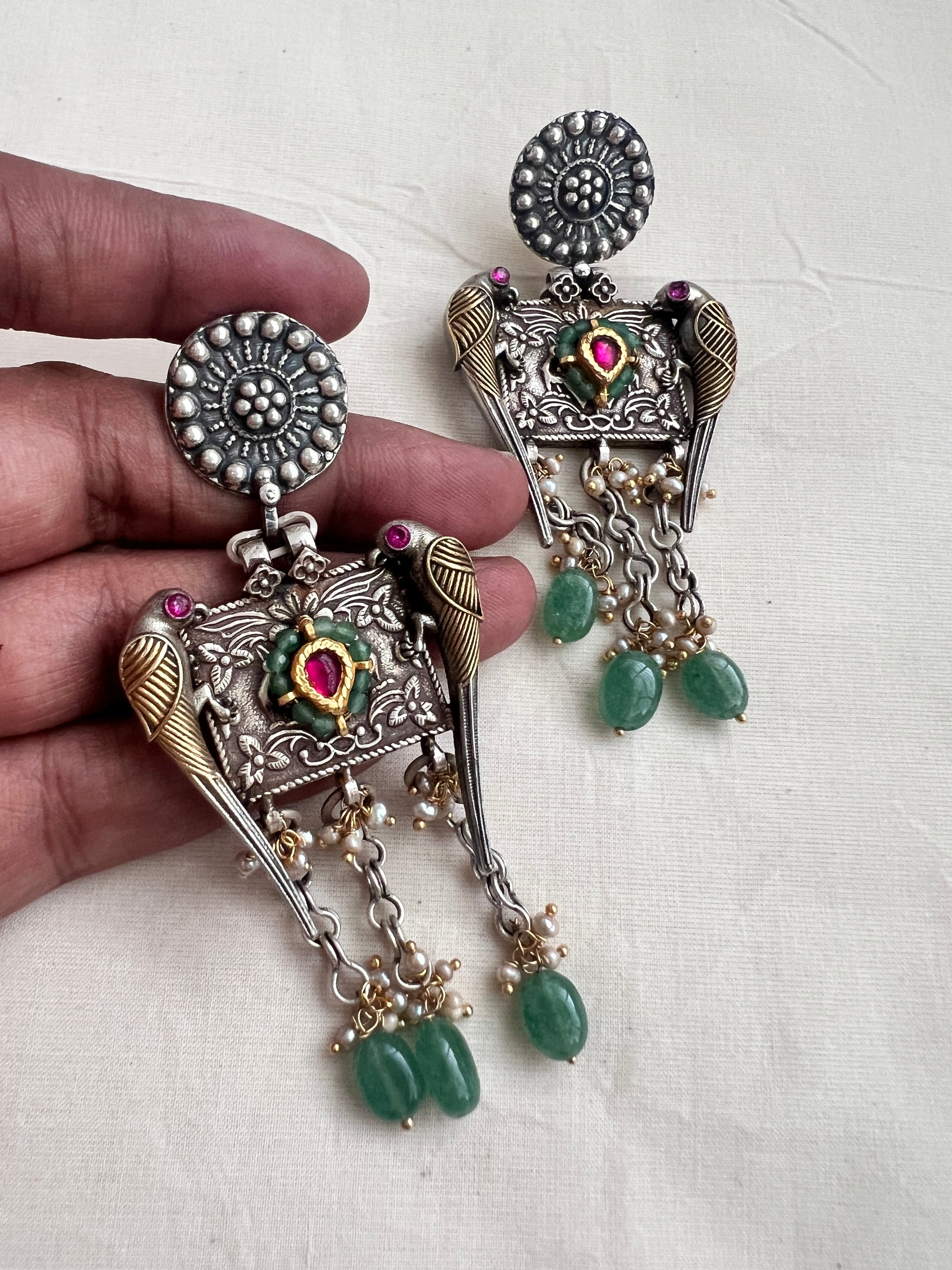 Two tone kundan & ruby peacock hangings with pearls & jade beads-Earrings-CI-House of Taamara