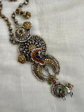 Two tone kundan style necklace with antique pearls-Silver Neckpiece-CI-House of Taamara