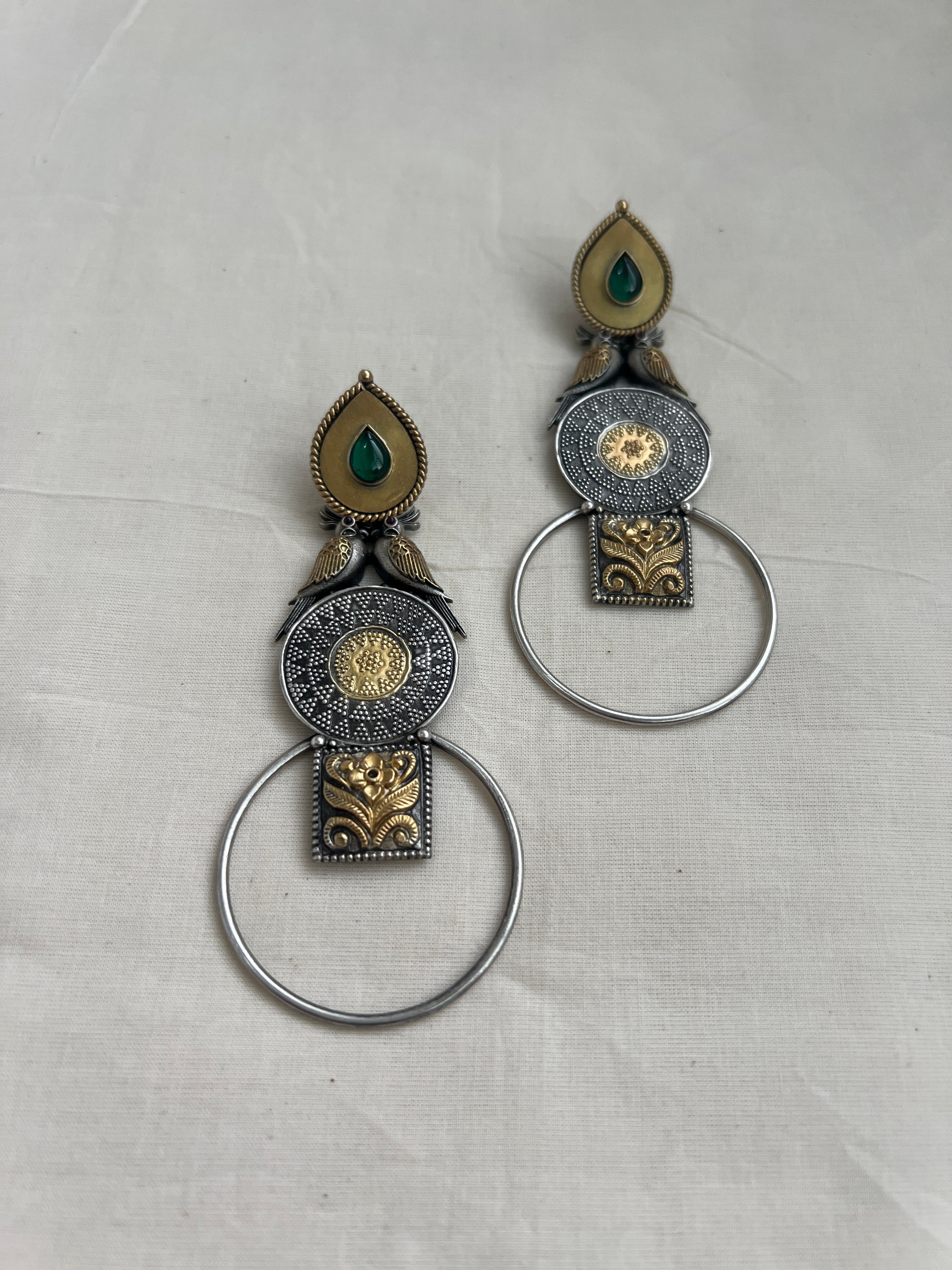 Two tone long earrings with birds-Earrings-CI-House of Taamara