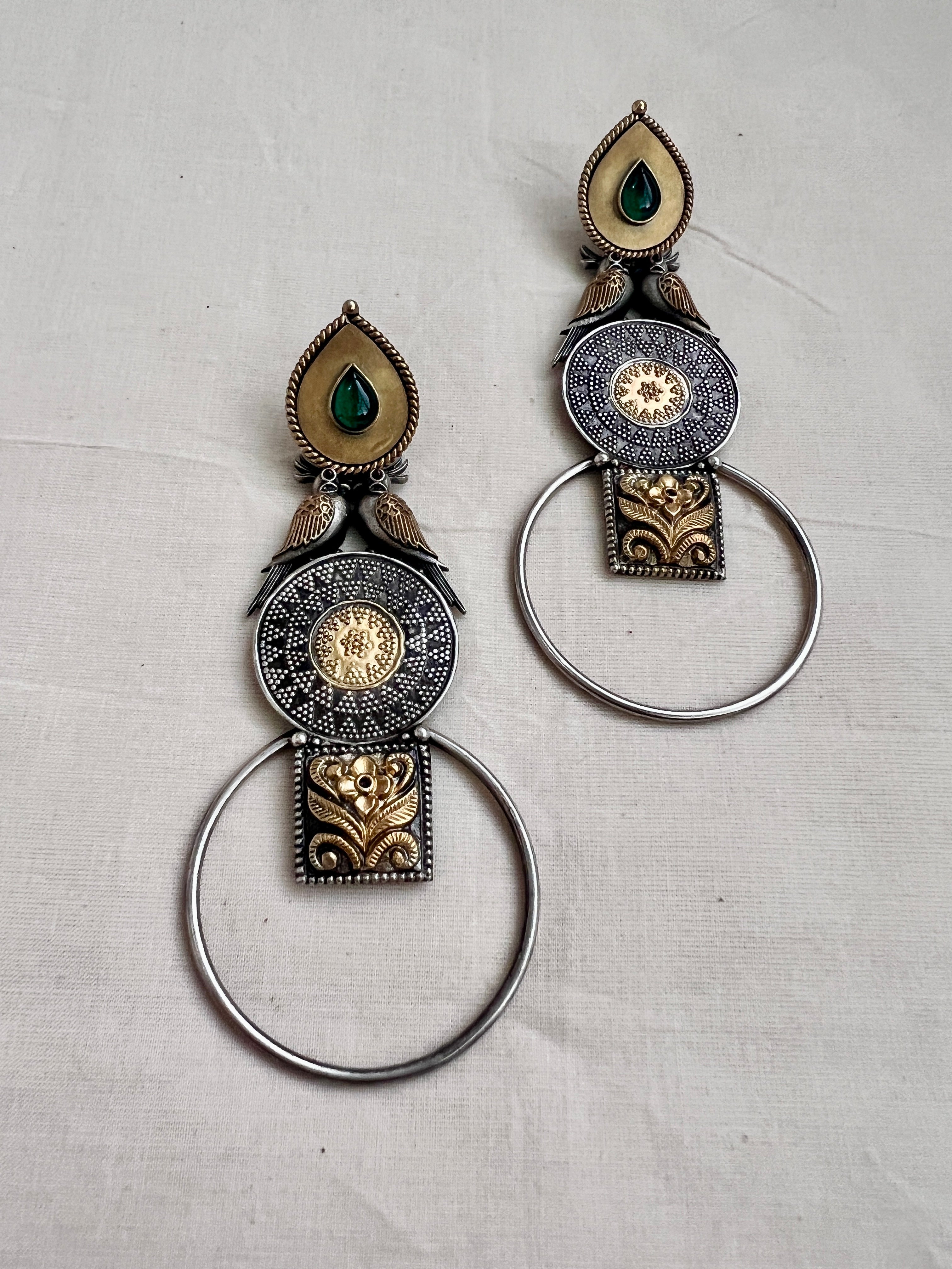 Two tone long earrings with birds-Earrings-CI-House of Taamara