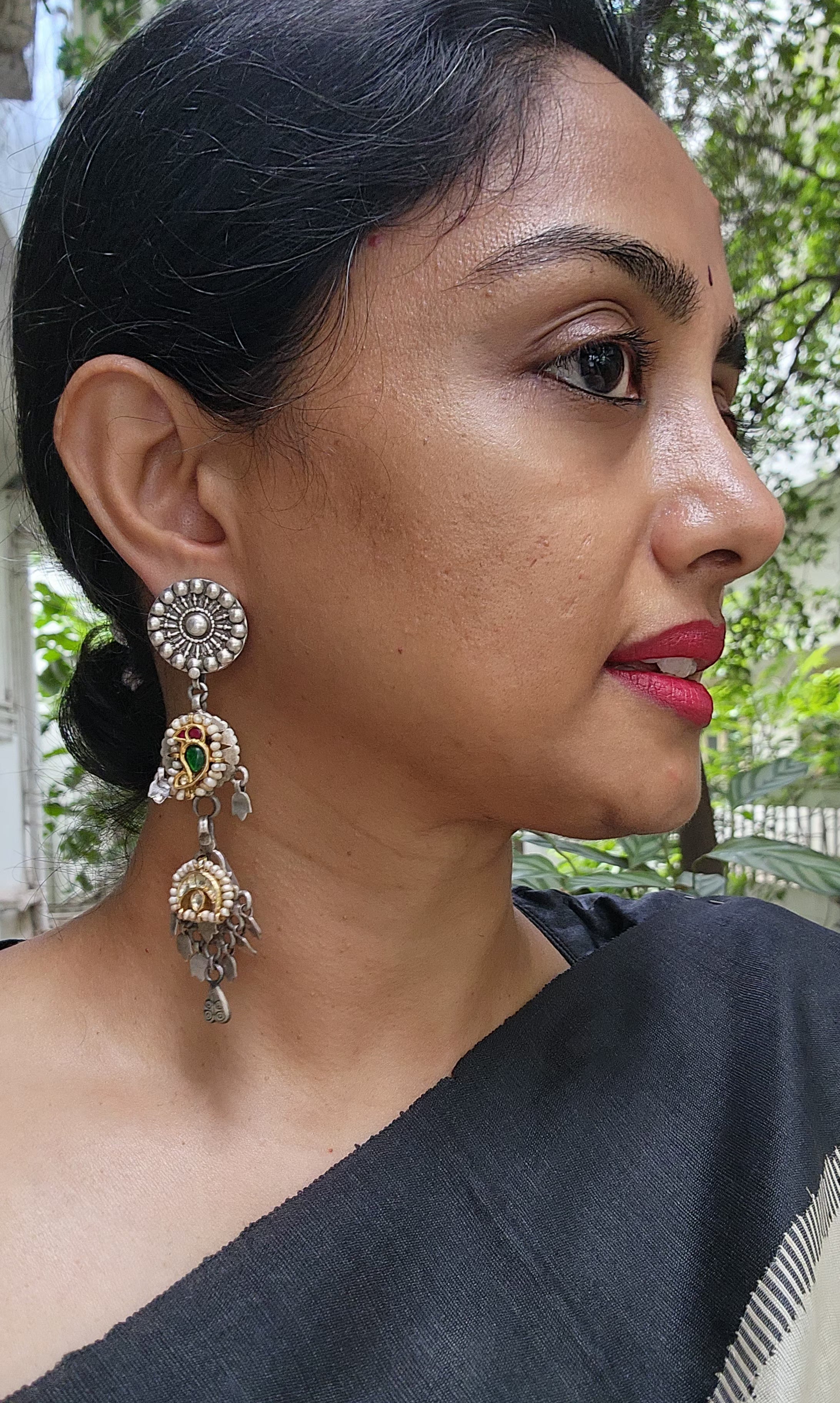 Two tone long hangings with kundan bird-Earrings-CI-House of Taamara