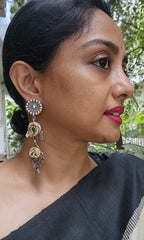 Two tone long hangings with kundan bird-Earrings-CI-House of Taamara