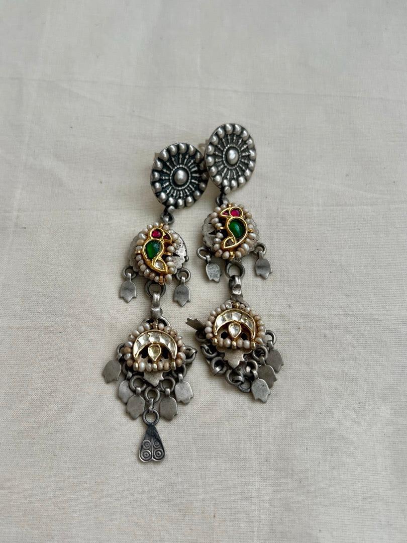 Two tone long hangings with kundan bird-Earrings-CI-House of Taamara