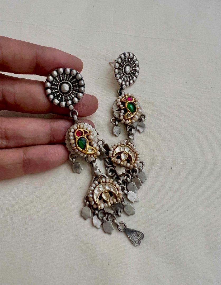 Two tone long hangings with kundan bird-Earrings-CI-House of Taamara