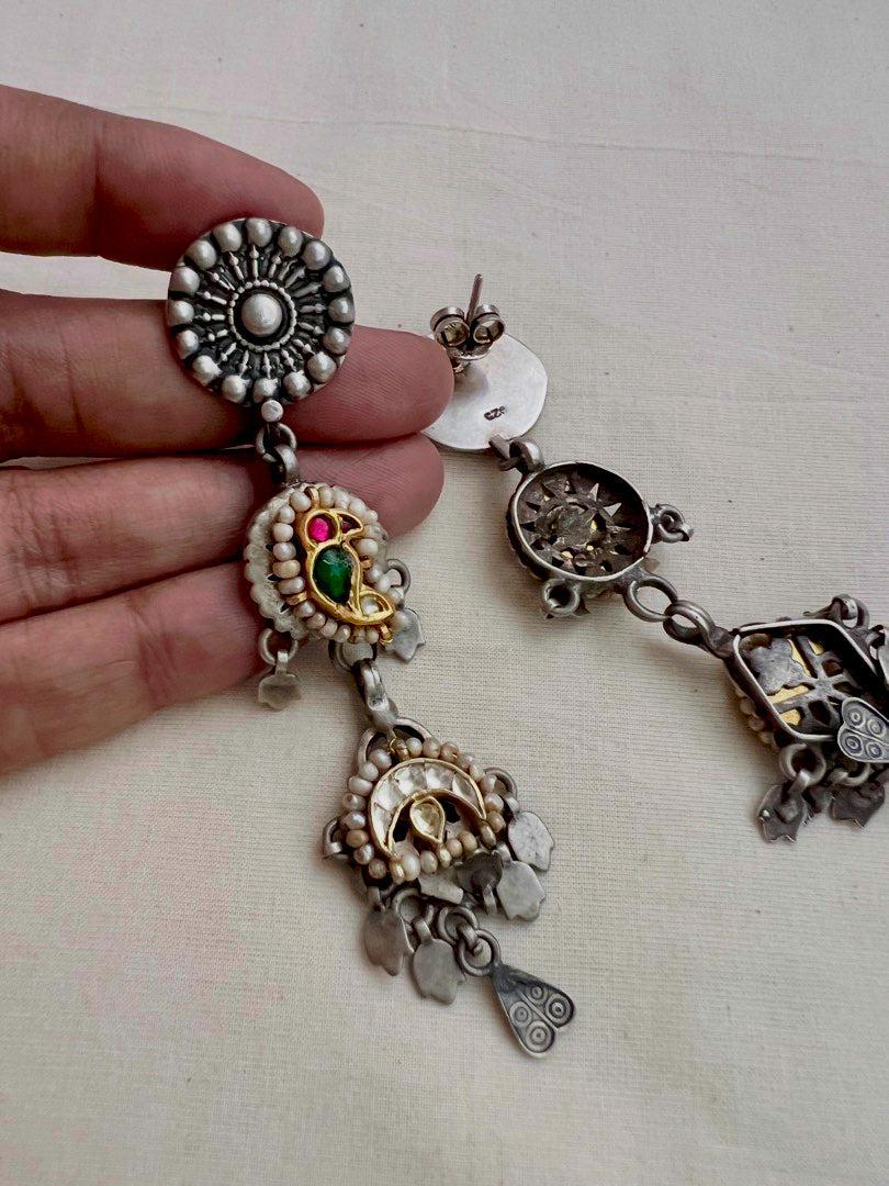 Two tone long hangings with kundan bird-Earrings-CI-House of Taamara