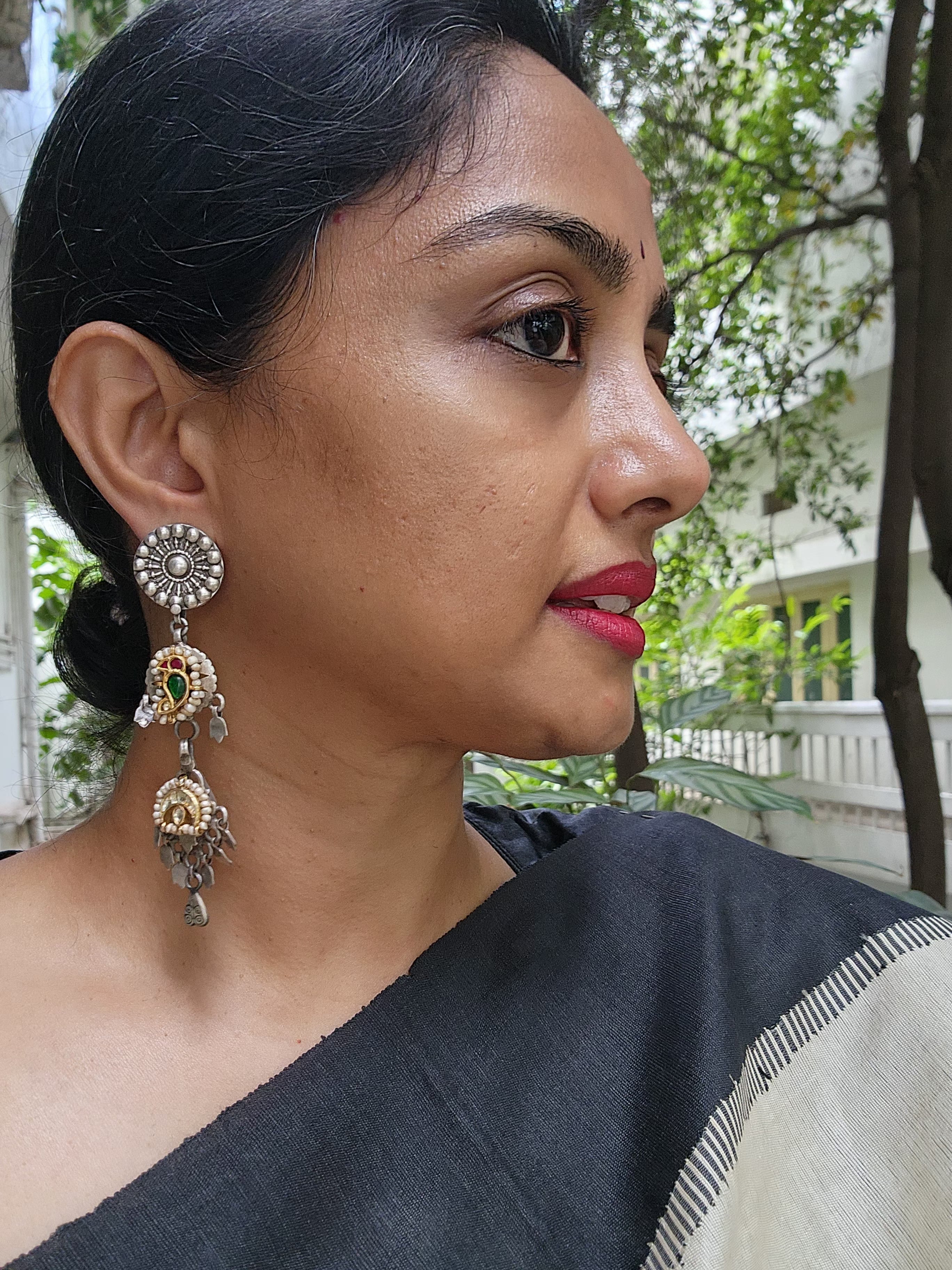 Two tone long hangings with kundan bird-Earrings-CI-House of Taamara