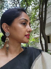 Two tone long hangings with kundan bird-Earrings-CI-House of Taamara