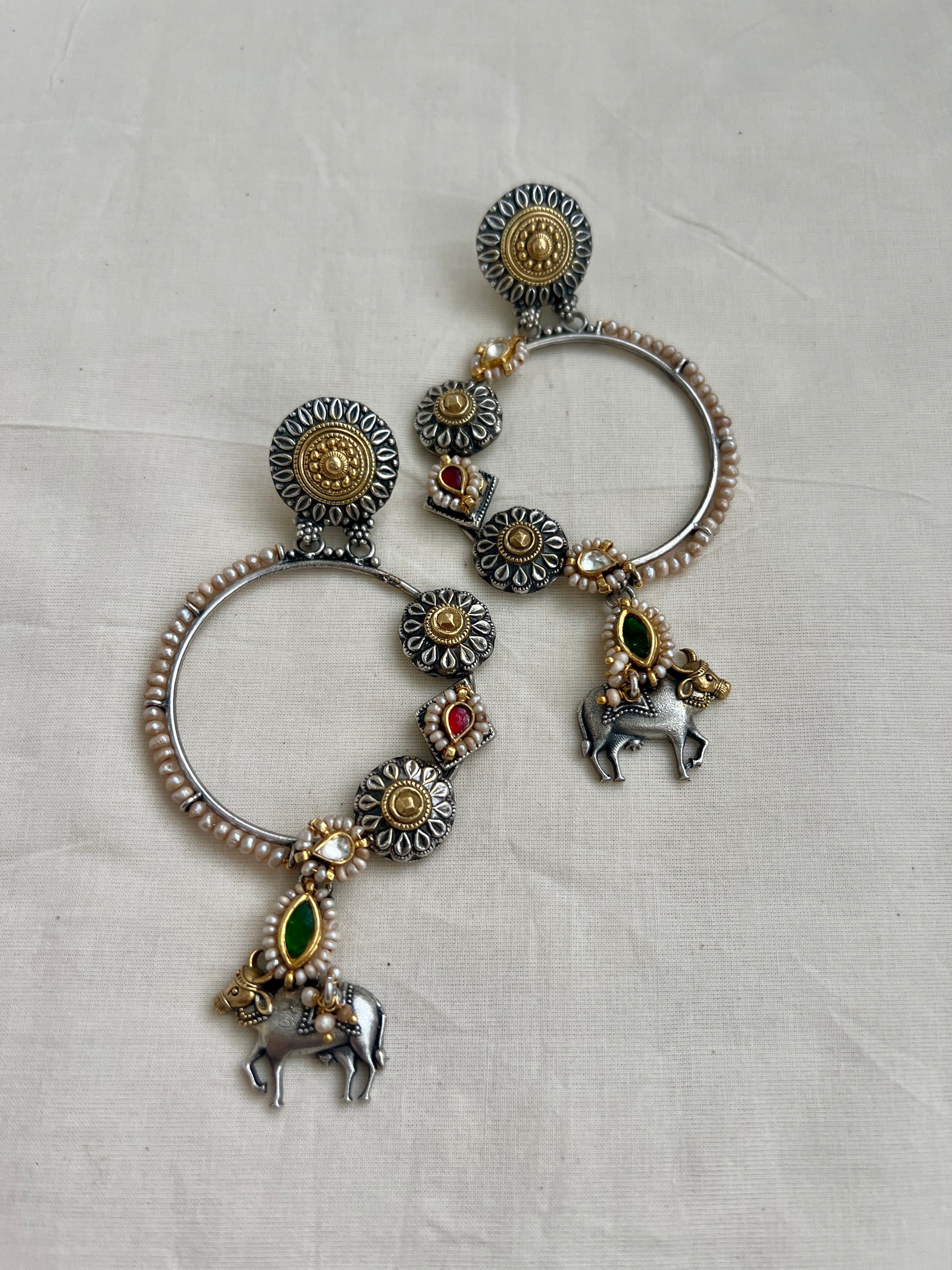 Two tone long kundan cow earrings with pearls-Earrings-CI-House of Taamara