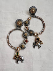 Two tone long kundan cow earrings with pearls-Earrings-CI-House of Taamara