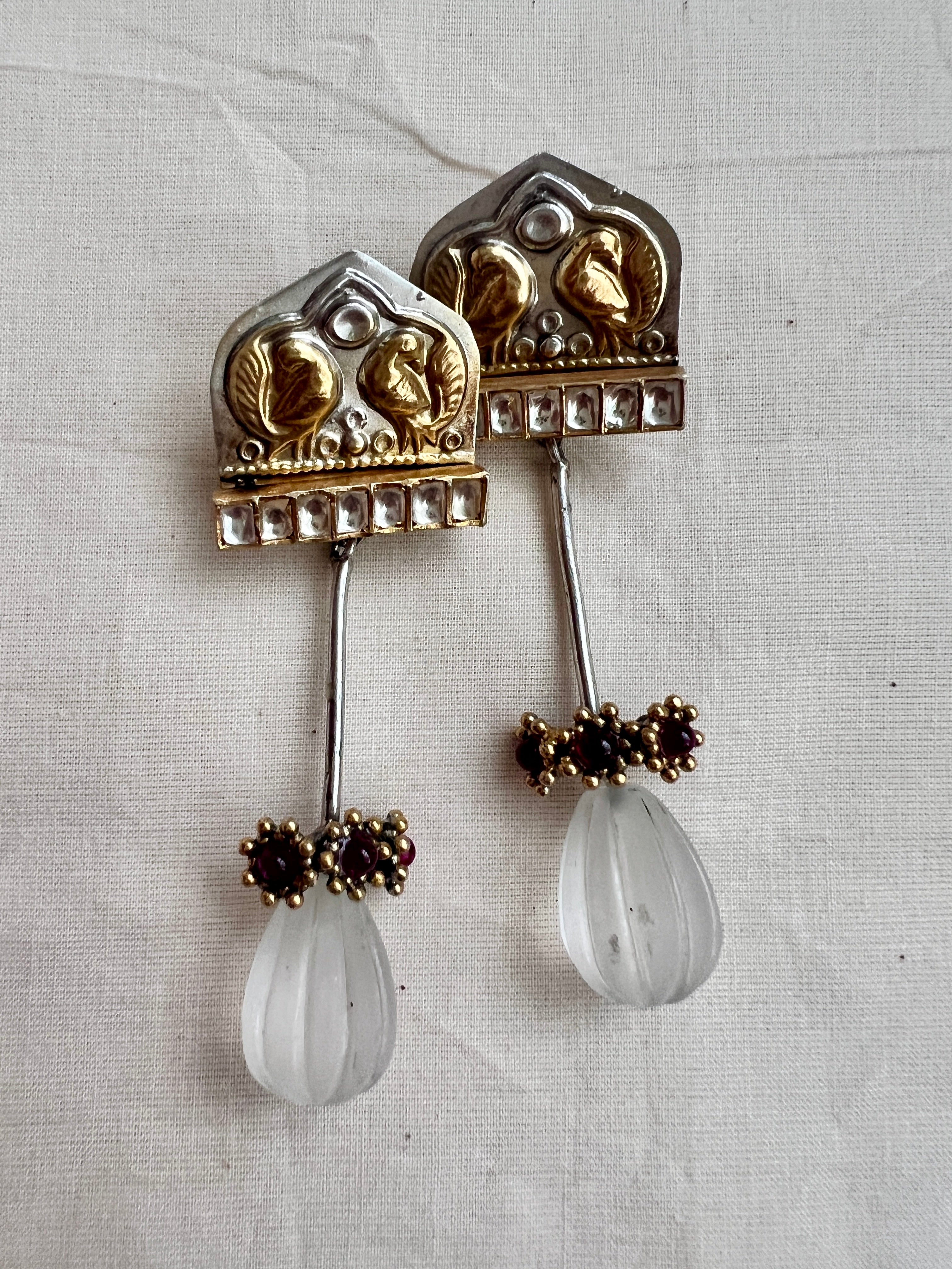 Two tone long kundan hangings with white quartz beads-Earrings-CI-House of Taamara