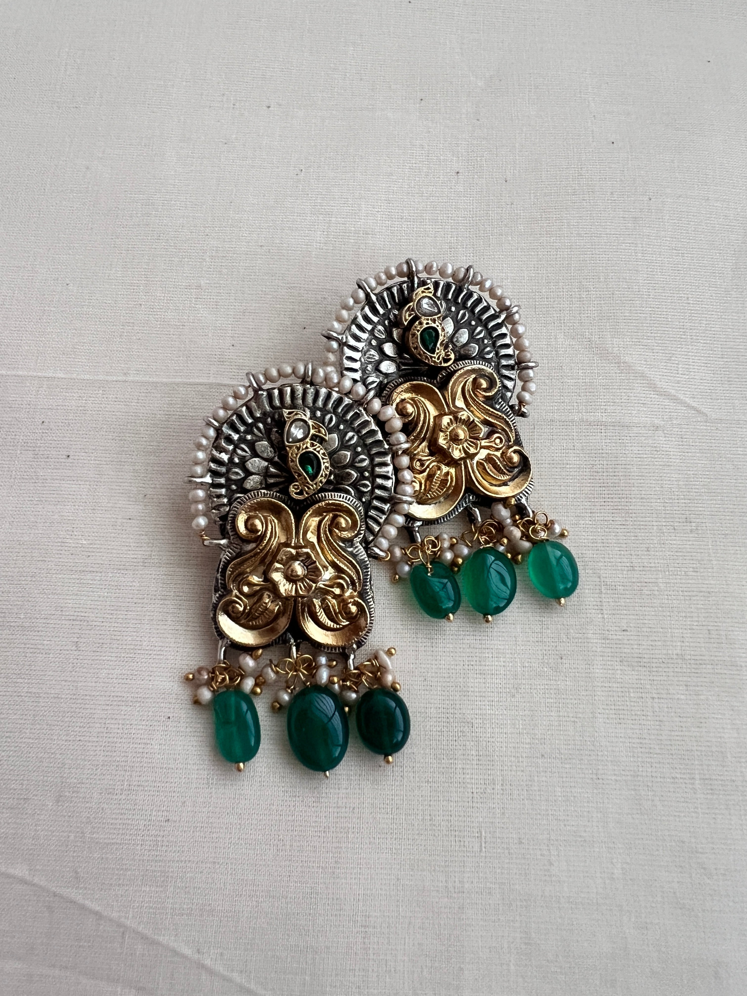 Two tone peacock earrings with pearls & green onyx beads-Earrings-CI-House of Taamara