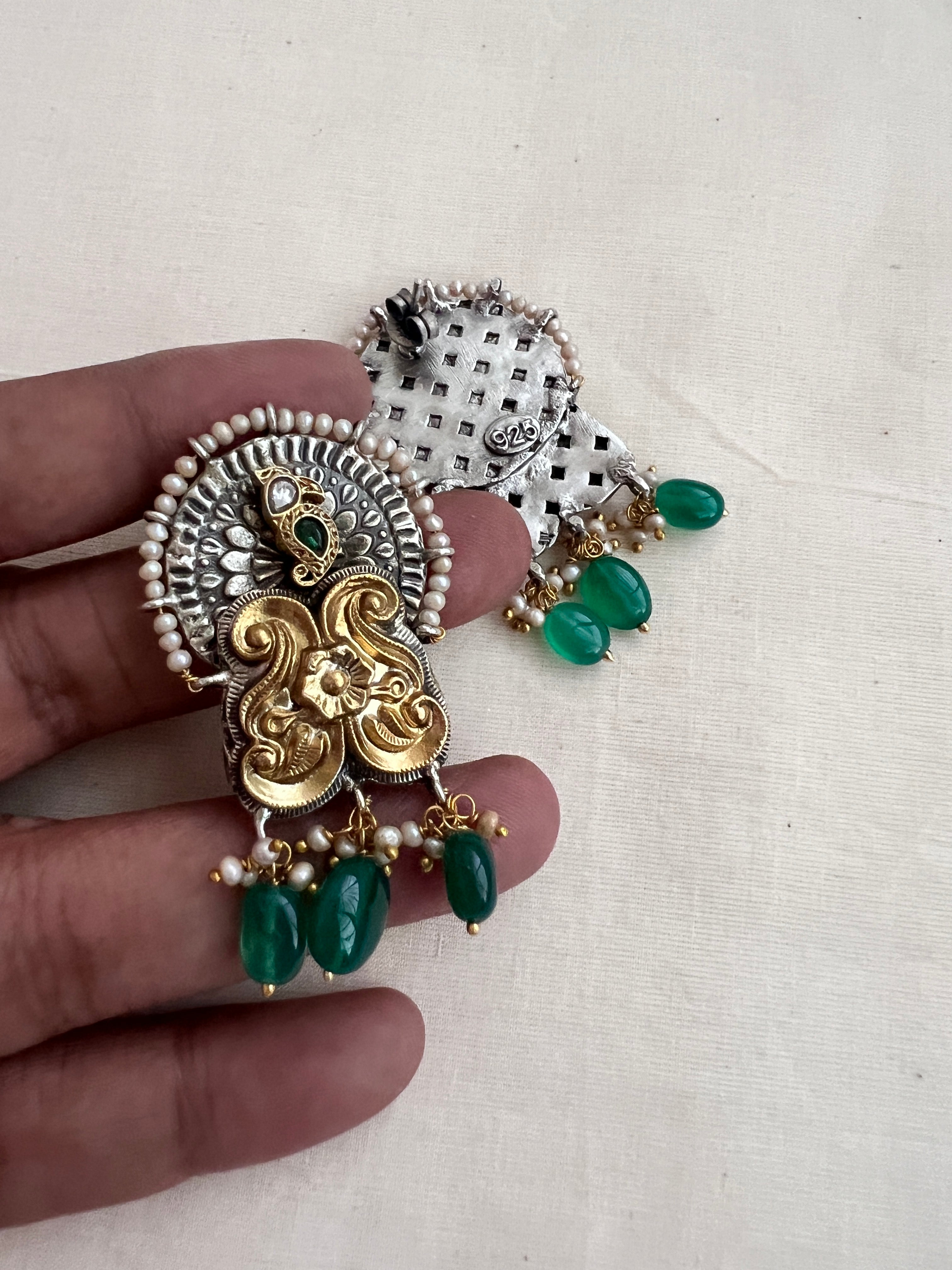 Two tone peacock earrings with pearls & green onyx beads-Earrings-CI-House of Taamara