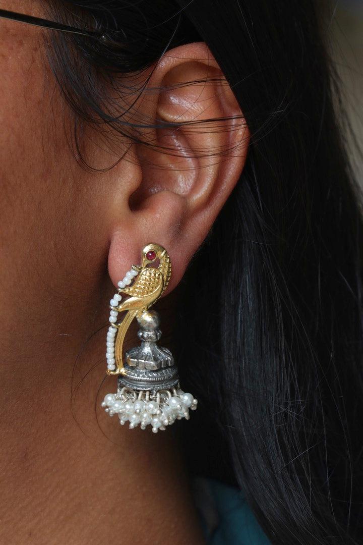 Two tone peacock jhumkas with pearls-Earrings-CI-House of Taamara