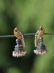 Two tone peacock jhumkas with pearls-Earrings-CI-House of Taamara