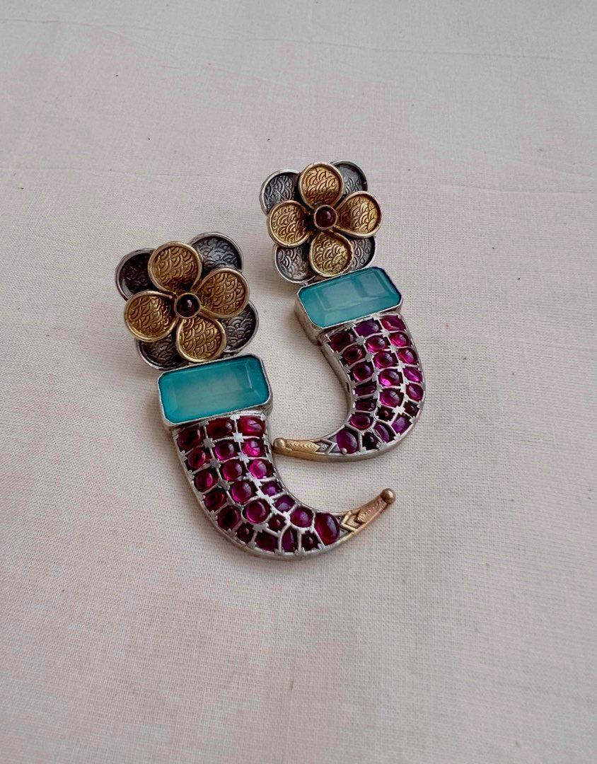 Two tone pink kemp flower earrings and calcedony stone-Earrings-CI-House of Taamara