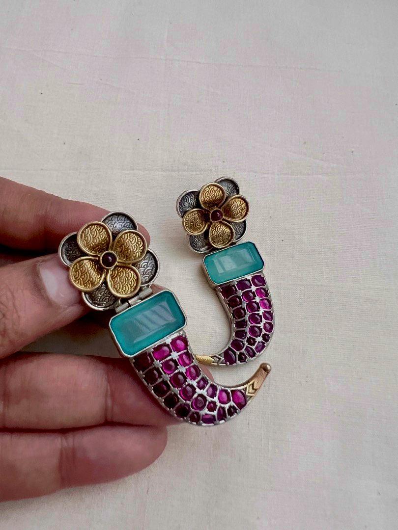 Two tone pink kemp flower earrings and calcedony stone-Earrings-CI-House of Taamara