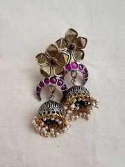 Two tone pink kemp jhumkas with pearls-Earrings-CI-House of Taamara