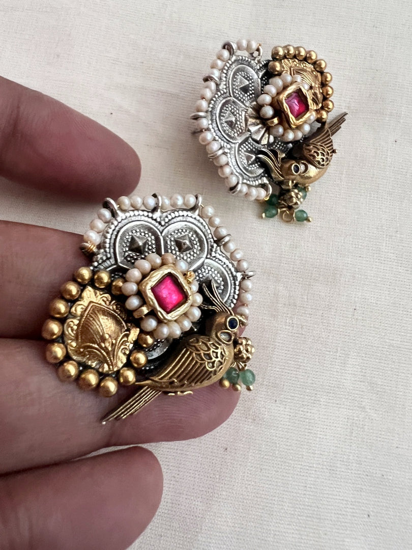 Two tone ruby and bird studs with pearls-Earrings-CI-House of Taamara