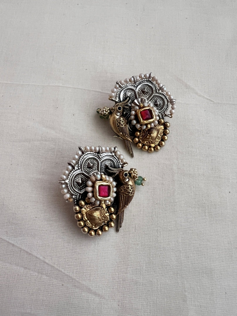 Two tone ruby and bird studs with pearls-Earrings-CI-House of Taamara