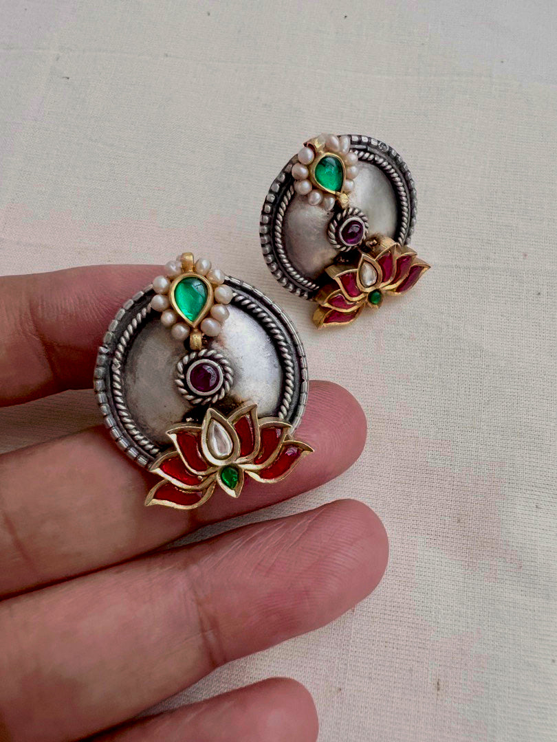 Two tone studs with lotus motif-Earrings-CI-House of Taamara