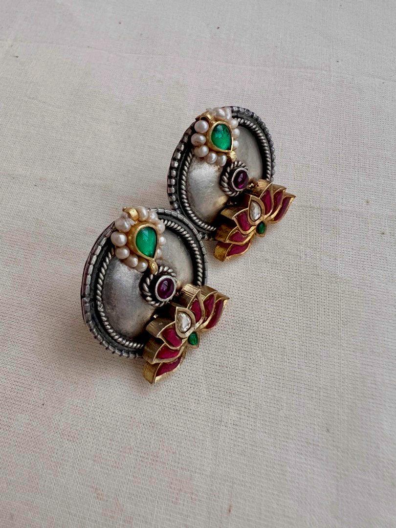 Two tone studs with lotus motif-Earrings-CI-House of Taamara