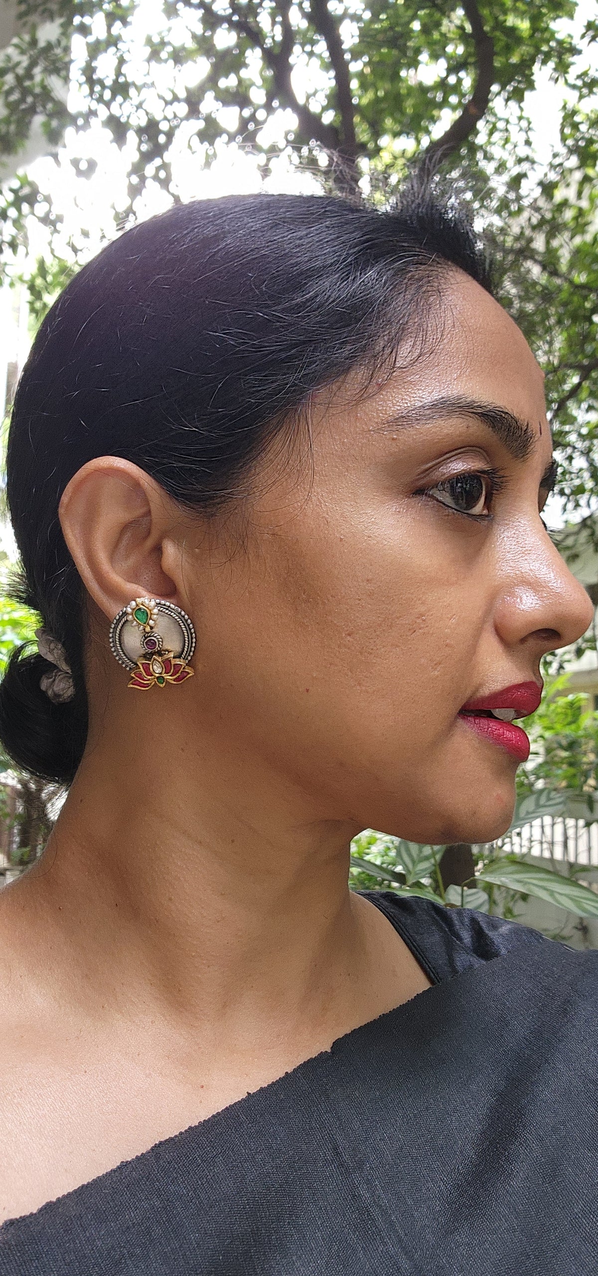 Two tone studs with lotus motif-Earrings-CI-House of Taamara
