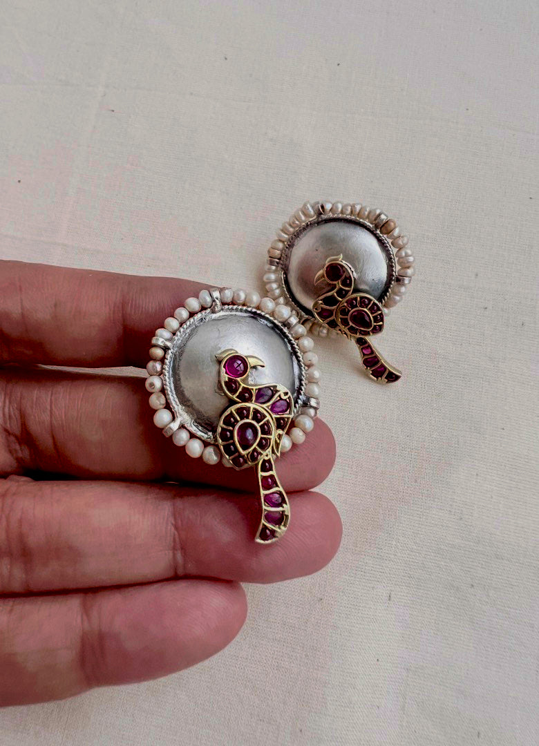 Two tone studs with peacock motif-Earrings-CI-House of Taamara