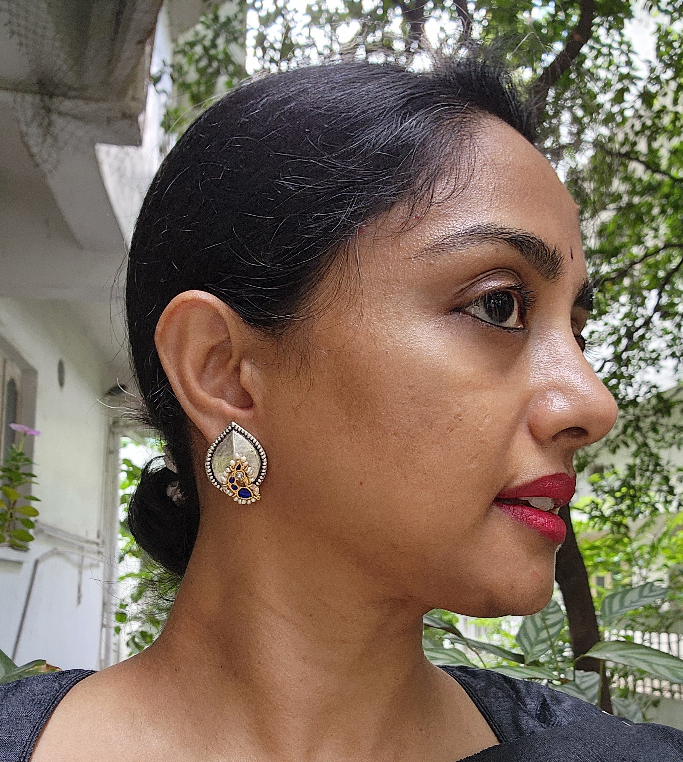 Two tone studs with peacock motif-Earrings-CI-House of Taamara