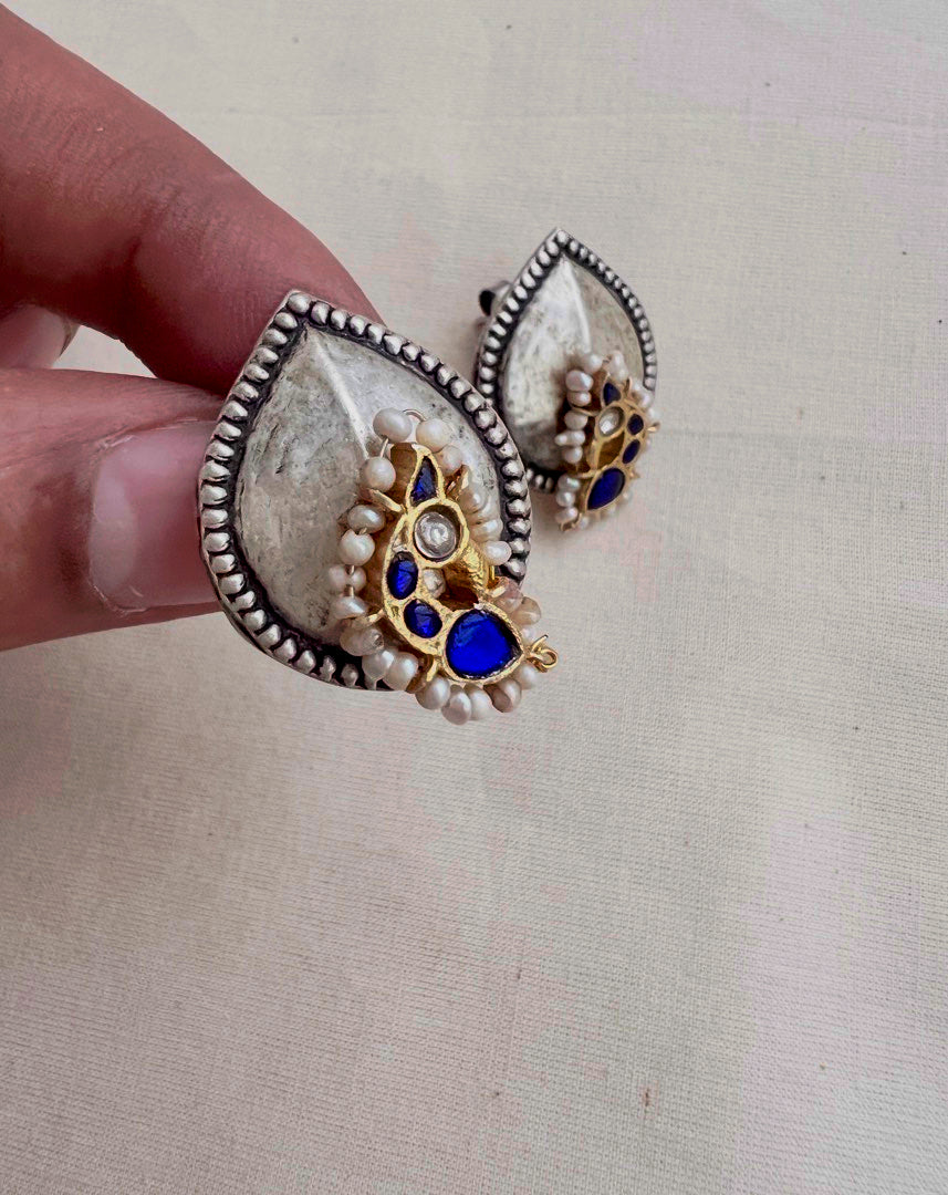 Two tone studs with peacock motif-Earrings-CI-House of Taamara