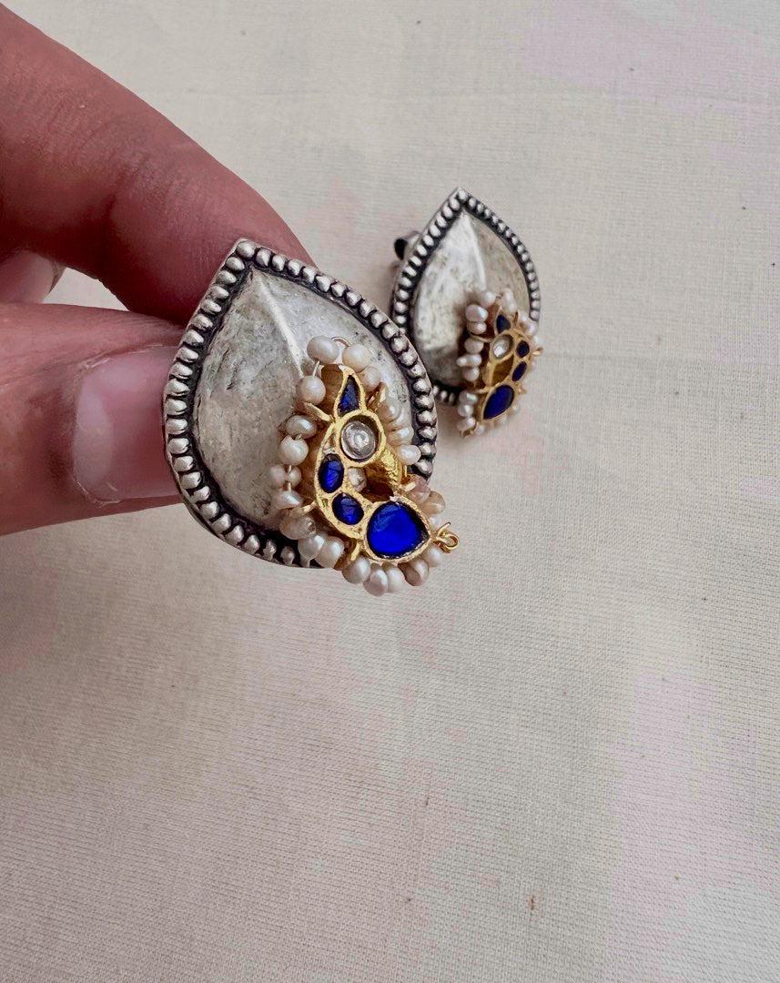 Two tone studs with peacock motif-Earrings-CI-House of Taamara