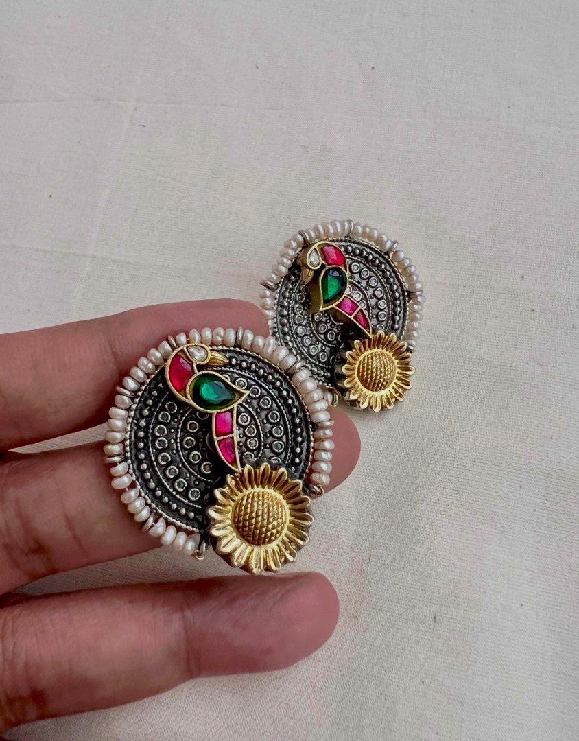 Two tone studs with peacock motif-Earrings-CI-House of Taamara