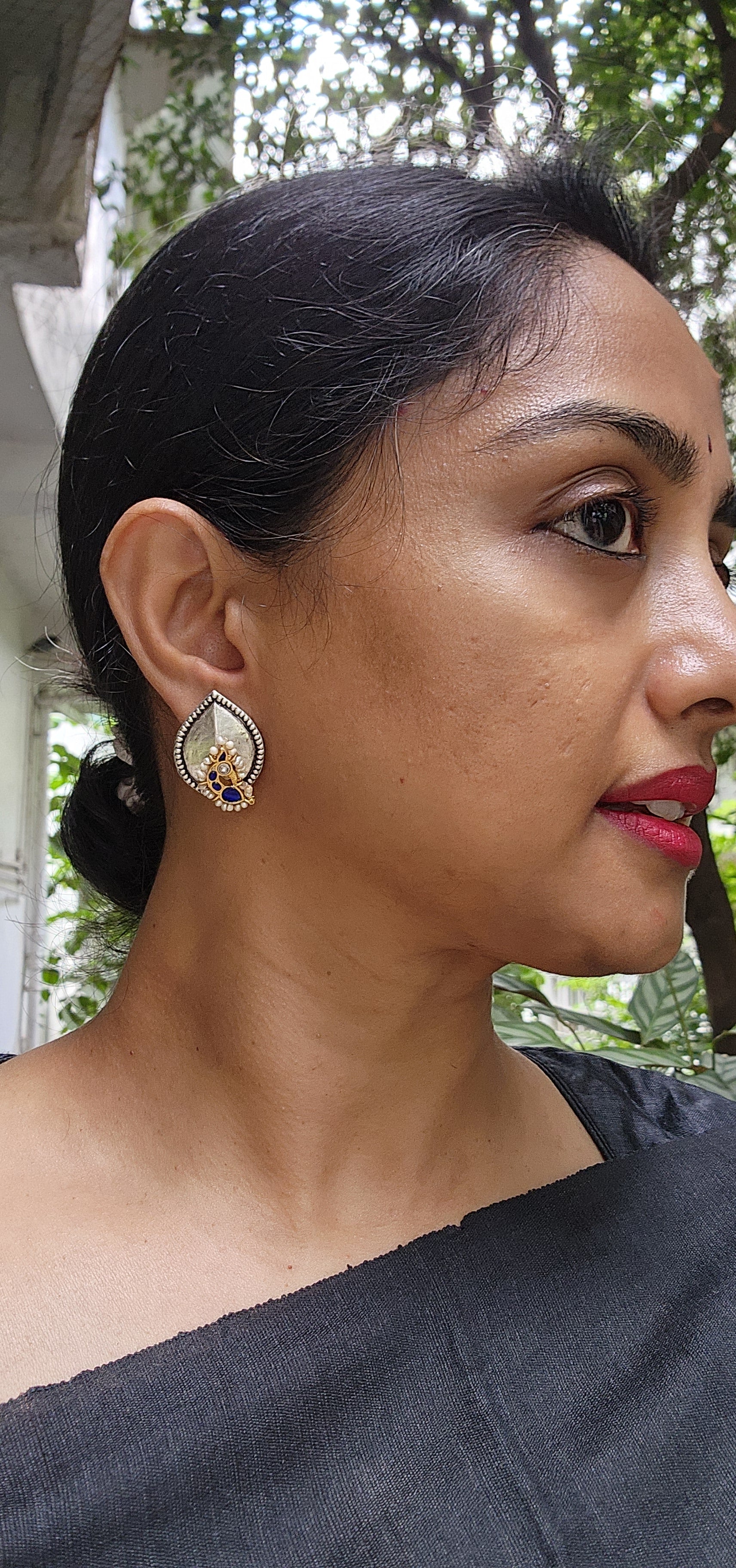 Two tone studs with peacock motif-Earrings-CI-House of Taamara
