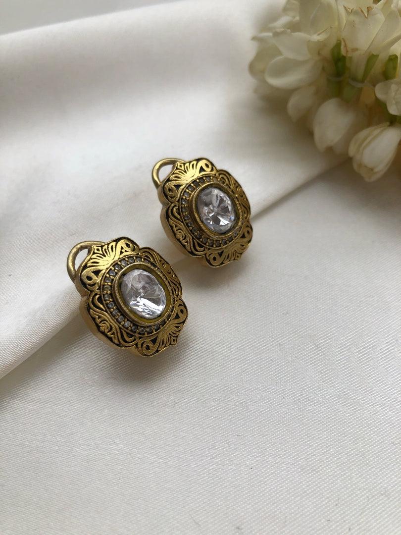 Uncut oval with antique polish earring-Earrings-PL-House of Taamara