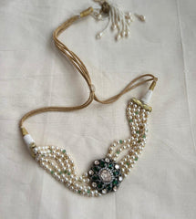 Victorian style pearls choker with moissanite & emerald stones pendant-Silver Neckpiece-CI-House of Taamara