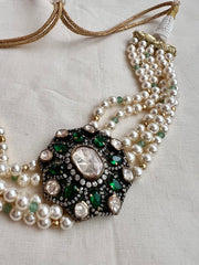 Victorian style pearls choker with moissanite & emerald stones pendant-Silver Neckpiece-CI-House of Taamara