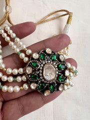 Victorian style pearls choker with moissanite & emerald stones pendant-Silver Neckpiece-CI-House of Taamara